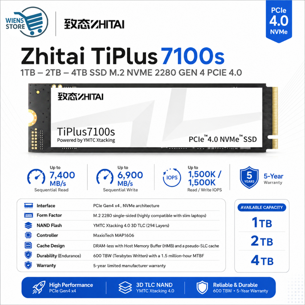 Zhitai TiPlus 7100s 1TB – 2TB – 4TB SSD M.2 NVME 2280 GEN 4 PCIE 4.0