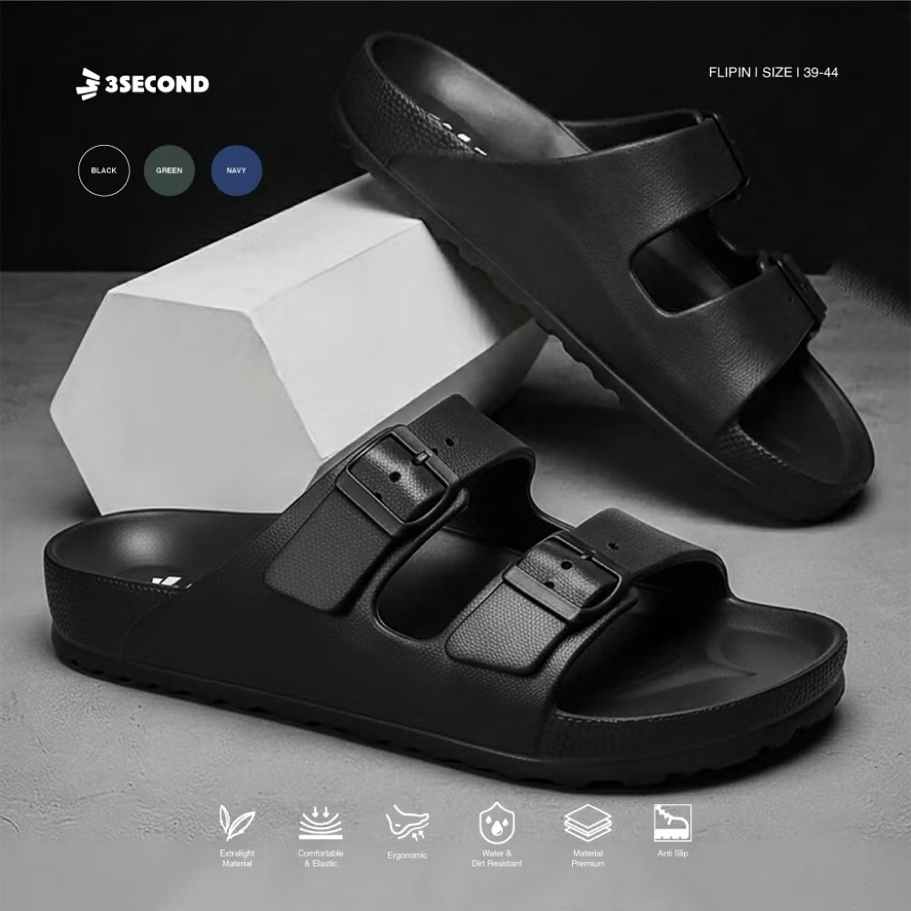 Sandal 3second Pria Karet Sendal Cowok Slip On Anti Slip