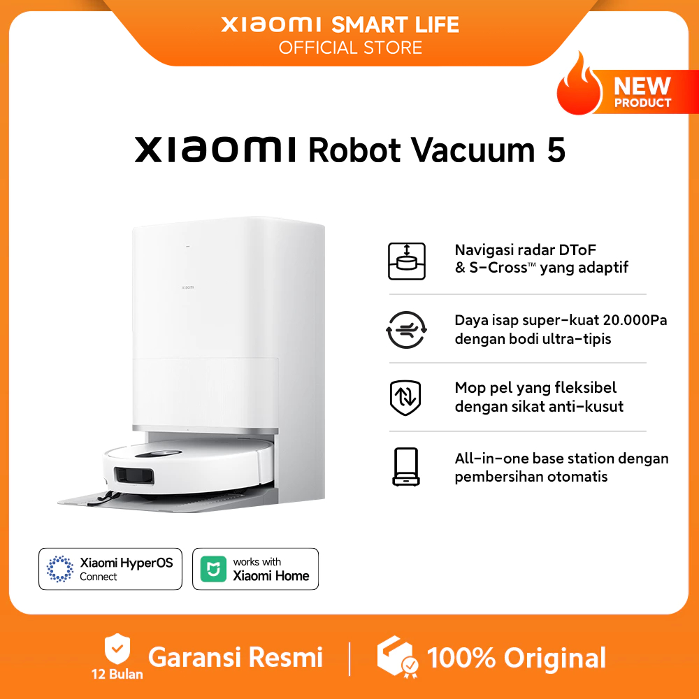 Xiaomi Robot Vacuum 5 | Navigasi radar DToF & S-Cross adaptif | Daya isap super kuat 20.000Pa dengan