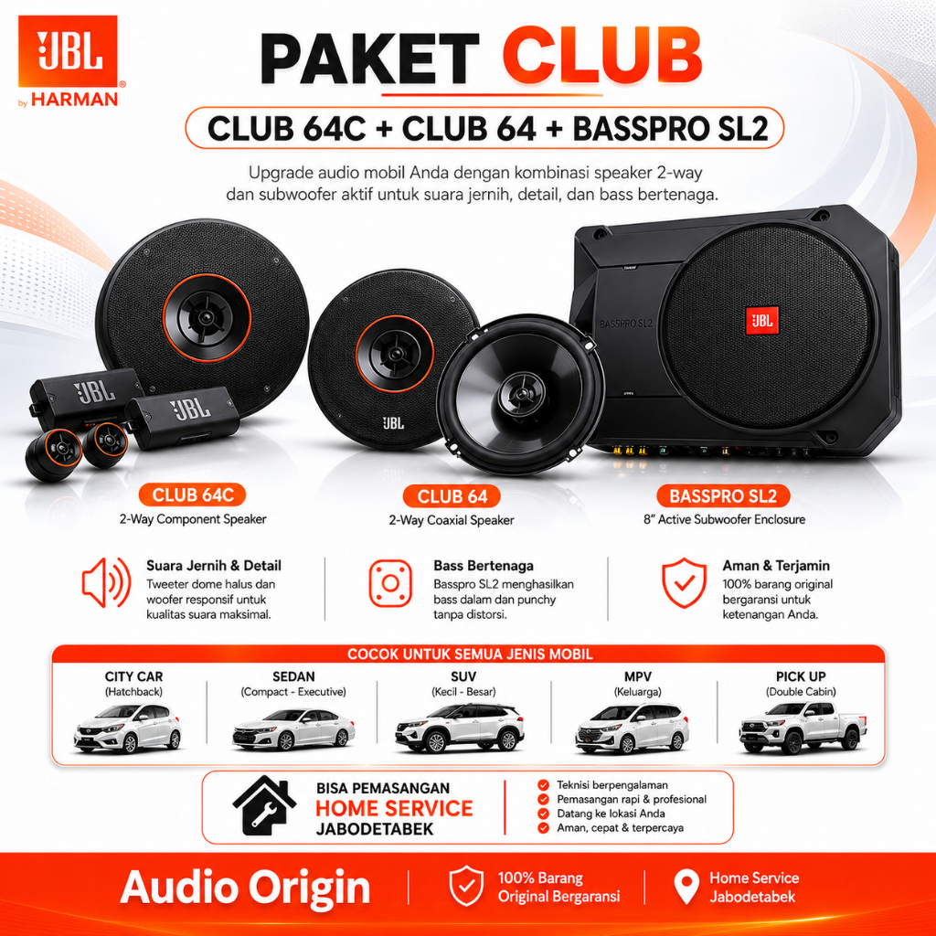 Paket Set Audio Mobil JBL Club 64C Split + Club 64 Coaxial + BassPro SL2 Original