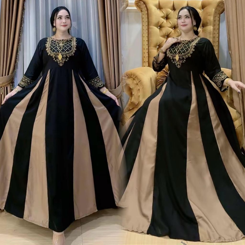 dress wanita gamis Hindi terbaru motif pelangi bordir katun rayon tuwil