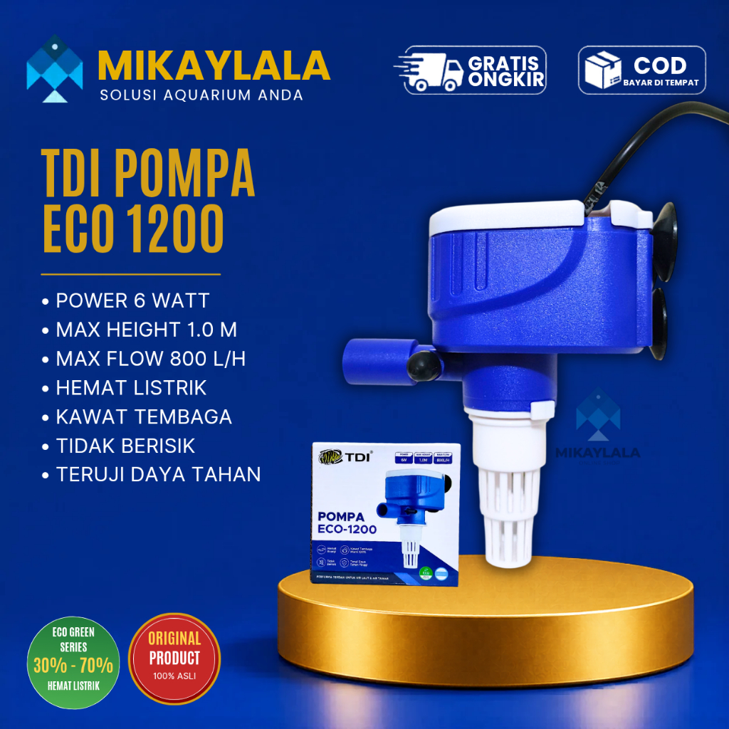 Pompa Celup Aquarium TDI ECO 1200 6 Watt | Flow 800 L/H | Hemat Listrik | Pompa Air Aquarium & Kolam