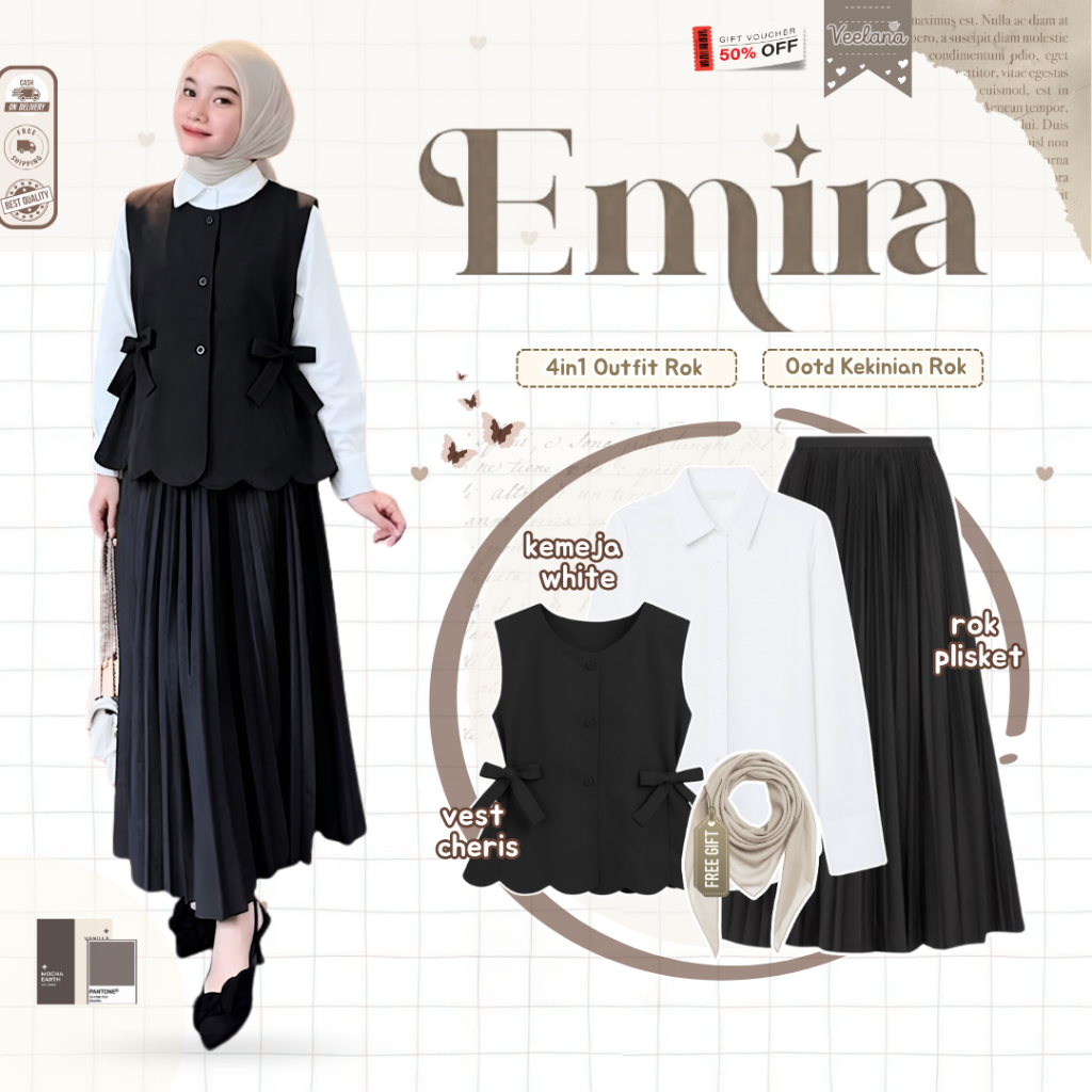 One Set Rok Korean Style ( Jilbab Bella Square Ivory, Kemeja Polos Putih, Vest Cheris Hitam, Rok Pli
