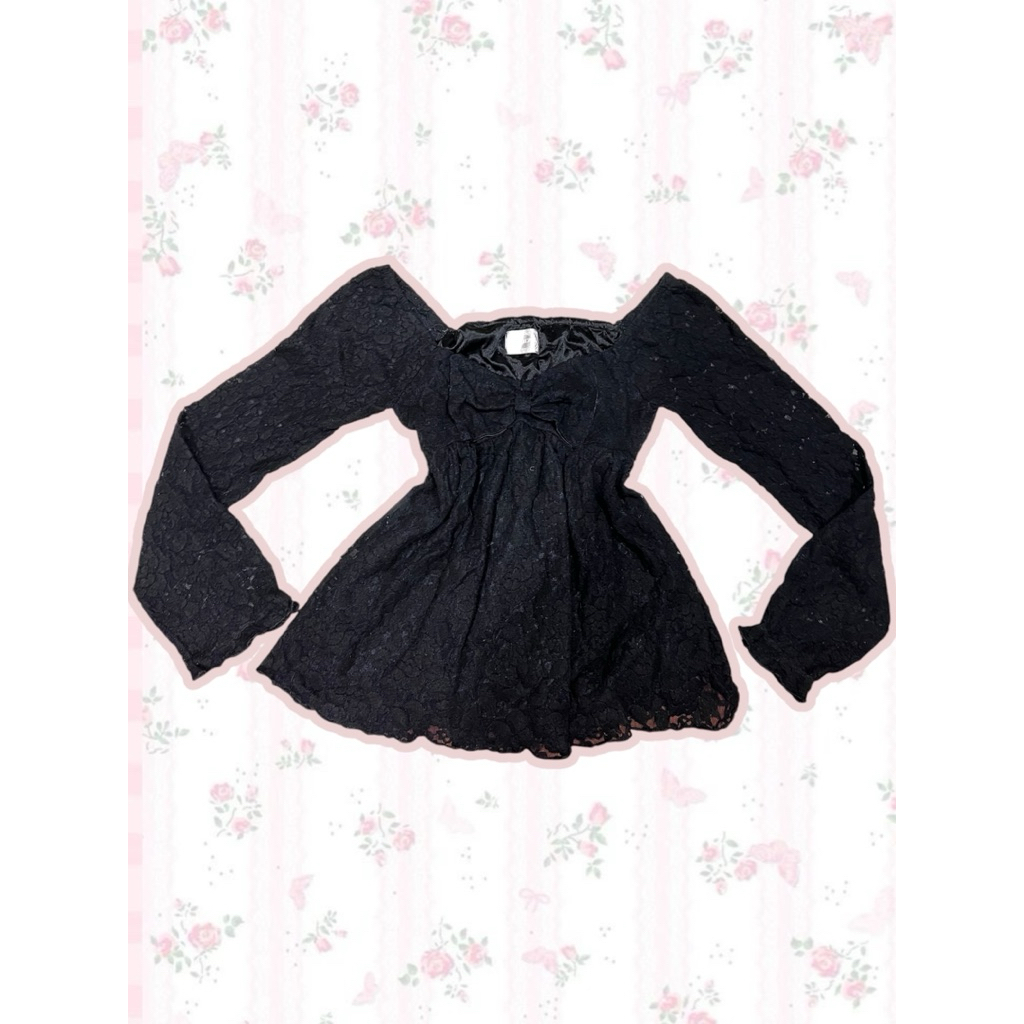 Black Bow Brocade Top Atasan Brukat Hitam Not Liz Lisa Kawaii Pita Besar