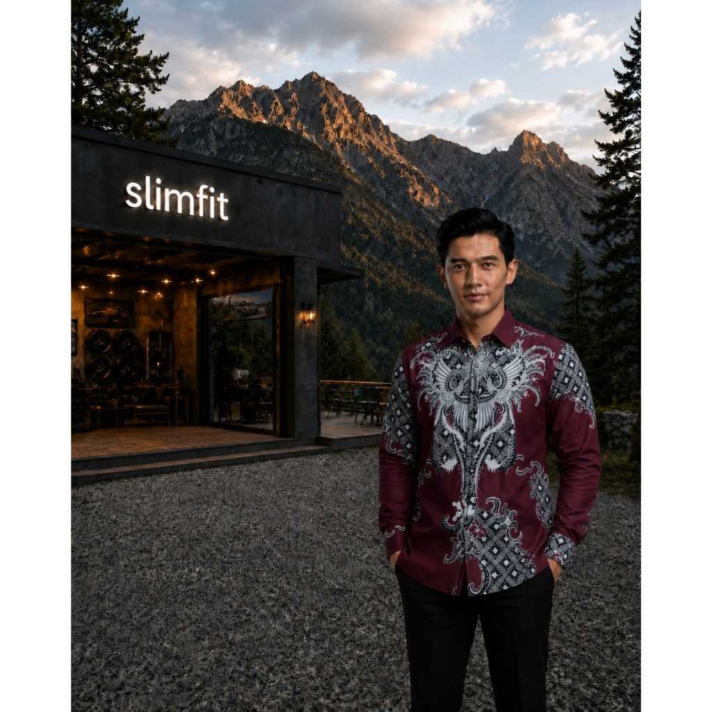 Kemeja Batik Pria Slim Fit Lengan Panjang Maroon
