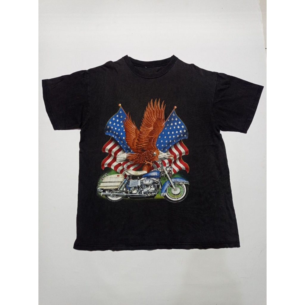 Kaos Vintage 90s Harley Davidson American Flag Eagle Motorcycle Size XL Second Brand Harley Davidson
