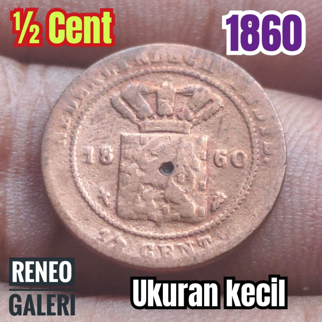 Koin kecil ½ Cent tahun 1860 asli korosi 1/2 Nederlandsch Indie 0,5 setengah uang kuno zaman Hindia 
