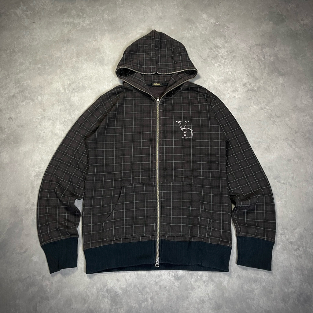 Vintage VonDutch Brown Tartan Full Zipper Hoodie | Biker Hoodie | Hoodie Anak Motor Custom