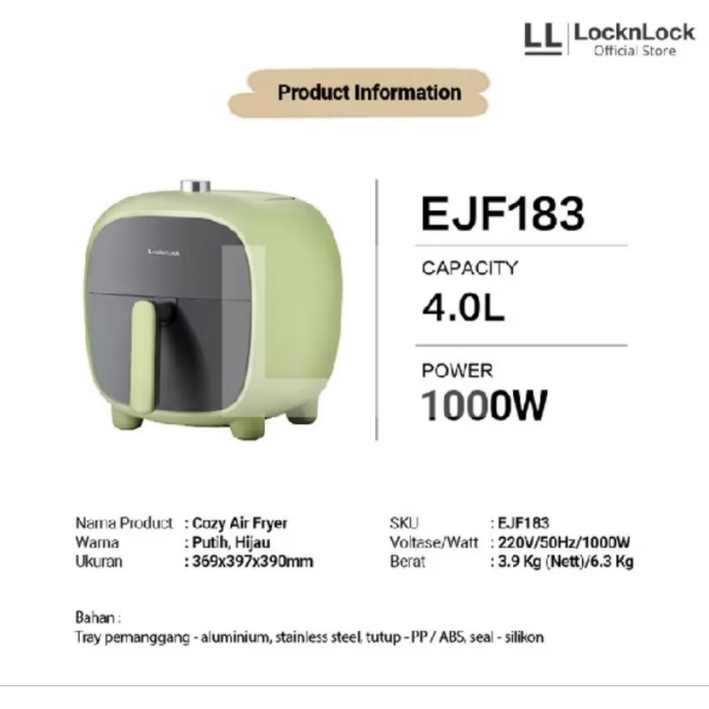 lock n lock cozy air fryer 4L EJF 183