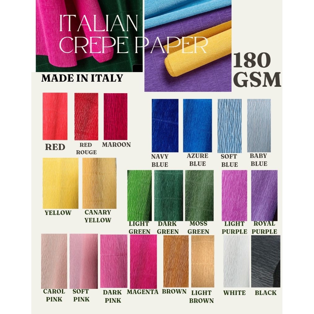 Italian Crepe Paper (180 Gsm) made in Italy kertas crepe buatan Italy repack size ukuran 25 cm x 50 