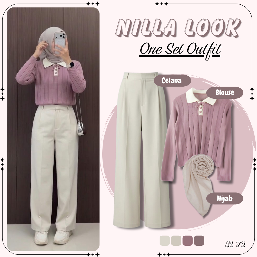 Nilla Look One Set Premium Setelan Blouse Rajut Pink Lavender Celana Knit Putih Hijab Muslimah Elega