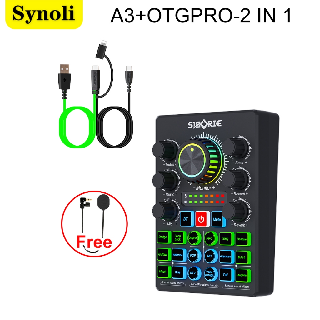 Synoli Sound Card A3 OTGPRO 2IN1 FREE MIC MINI Peralatan Live Streaming dan Karaoke SIAP COD