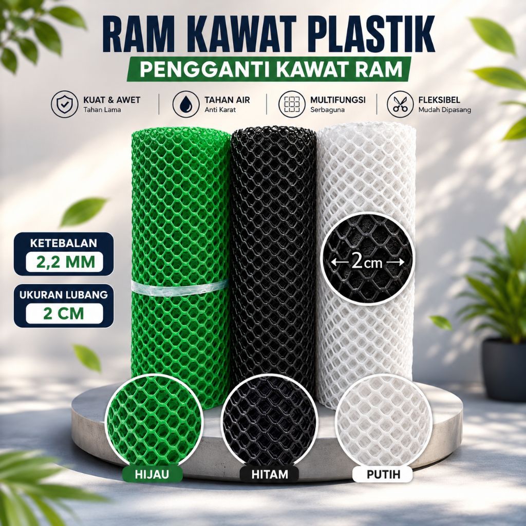 Kawat Ram Plastik HDPE Multifungsi Tebal 2.2 mm | Lebar 125cm | Lubang 2cm | Anti Karat | Panjang 1–