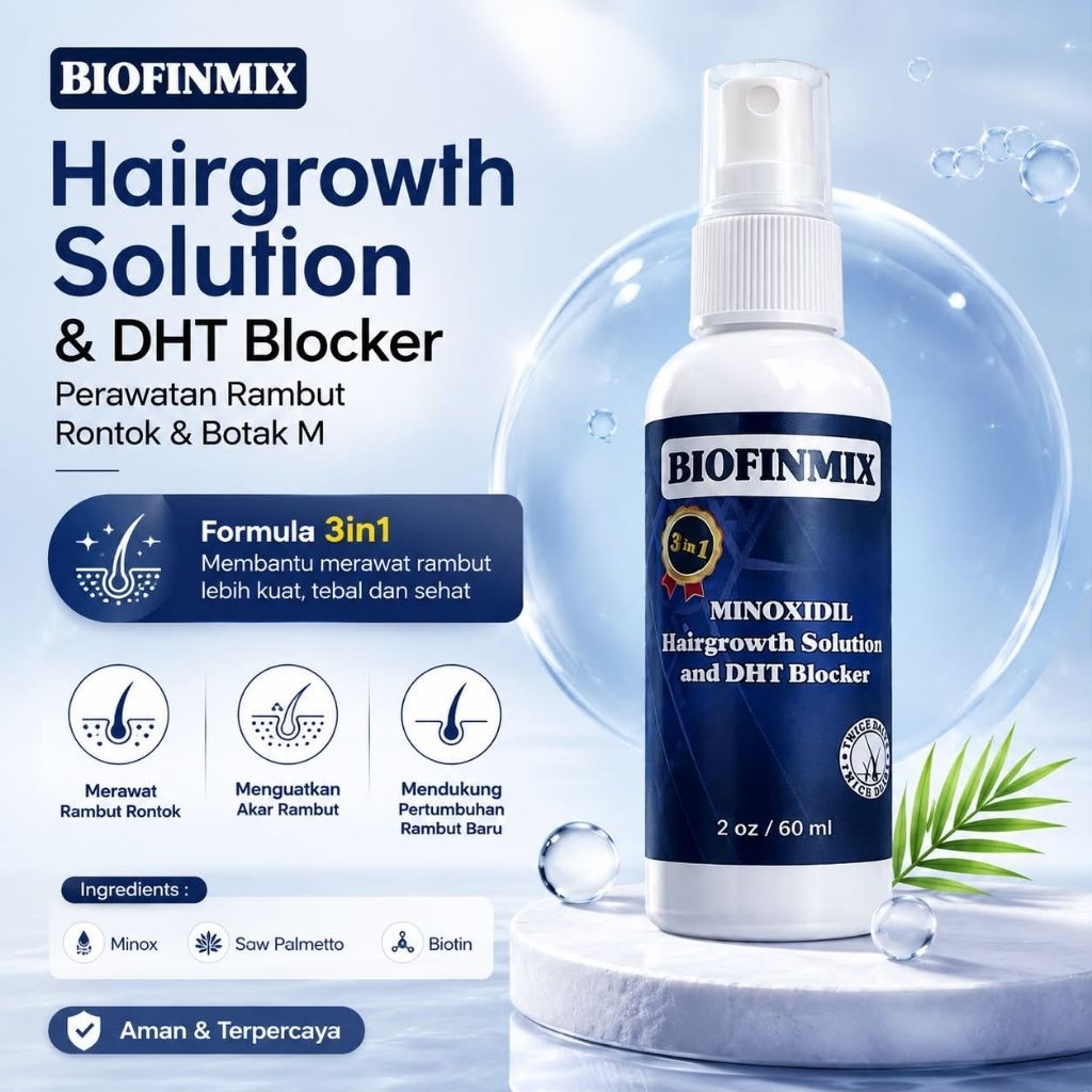 BioFinmix HairGrowth Solution With Minoxidil, Sawpalmetto & Biotin | Penumbuh Rambut & Mengatasi Ker