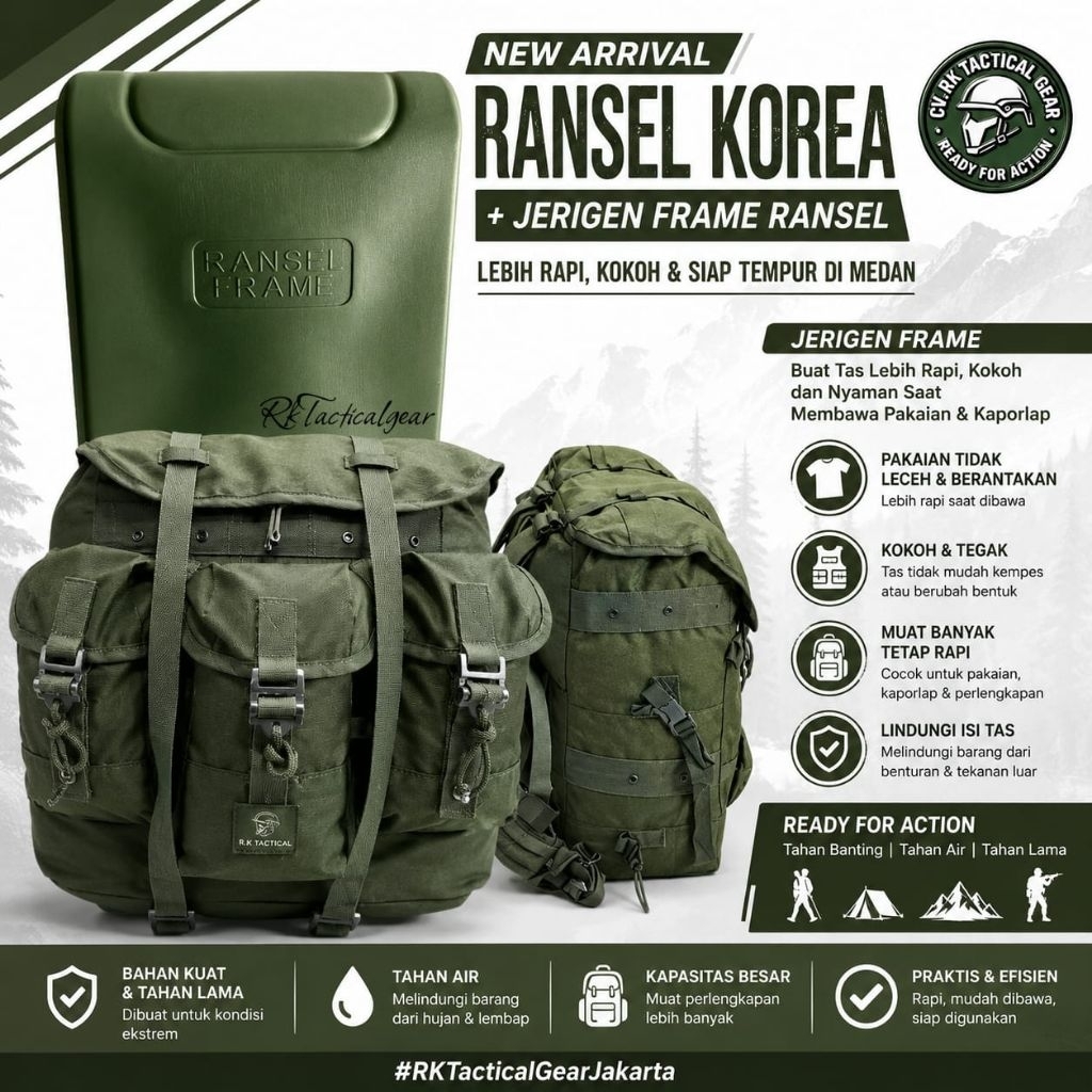 Tas Ransel Korea Model jatah TNI AD AU AL + FRAME RANSEL Army Style Multi Pocket Casual Backpack + F