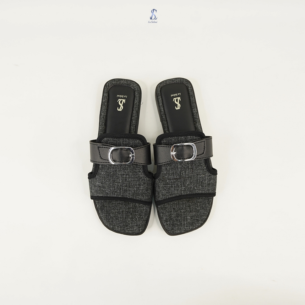 LaSelene - Zora Sandal Flat Wanita Sandal Slop Teplek Gesper Anti Slip L1 | Black Tweed