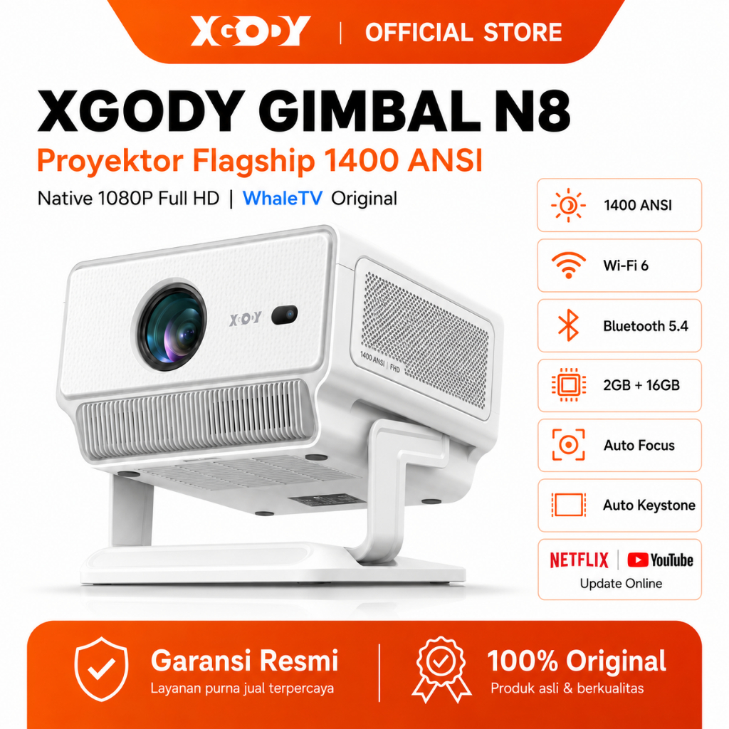 NEW PRODUCT XGODY GIMBAL N8 Smart Proyektor LCD WhaleOS 1080P - 1400 ANSI - Auto Focus - Speaker Ste