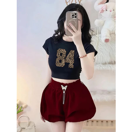 KAOS CROPTOP WANITA ANGKA 84 ALL SIZE CROP TOP KNIT MOTIF GAMBAR ANGKA 84