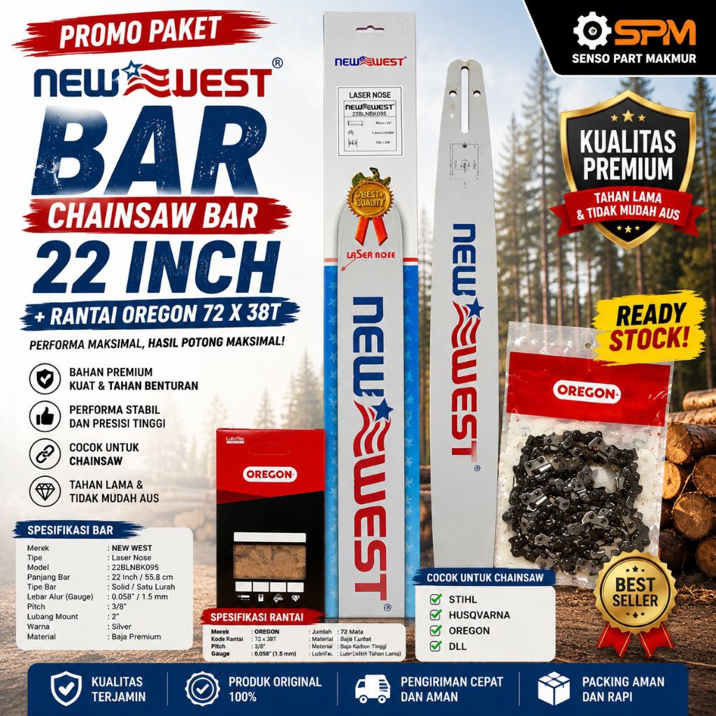 1 PAKET BAR 22 INCH NEW WEST + RANTAI CHAINSAW 72X38T BELAH OREGON COMBO HEMAT SENSO 22"'