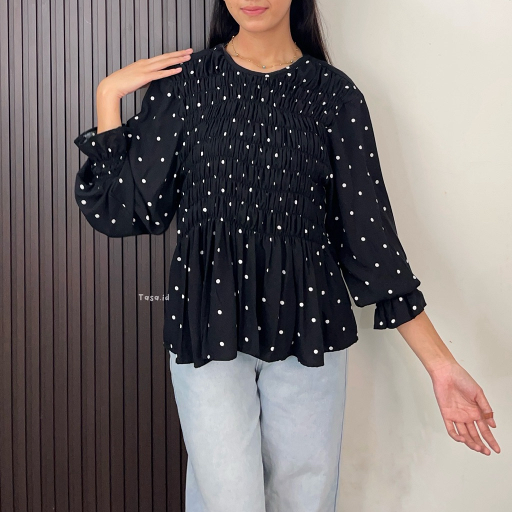 Tasa.id | Polkadot Selina Tangan Panjang | Baju Polkadot | Atasan polkadot