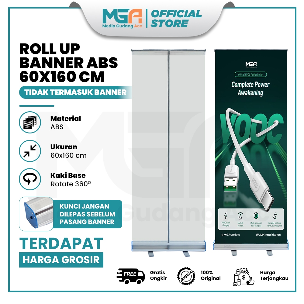 Roll Up Banner 60x160cm Standing Display Material ABS Import Cocok untuk Promosi Toko Cafe Restauran