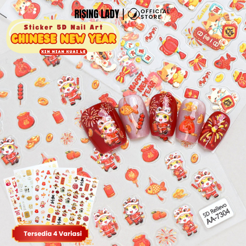 [ COD ] Stiker Kuku 3D Chinese Happy New Year Red Nail Art/Stiker Seri Merah Motif French/Motif Cat/