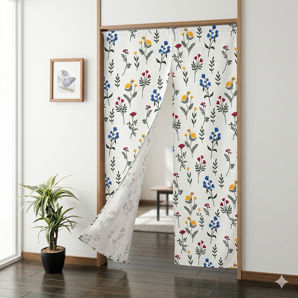 Tirai Pintu Noren Jepang Motif Bunga Aesthetic - Gorden Pembatas Ruangan Kamar & Dapur Premium
