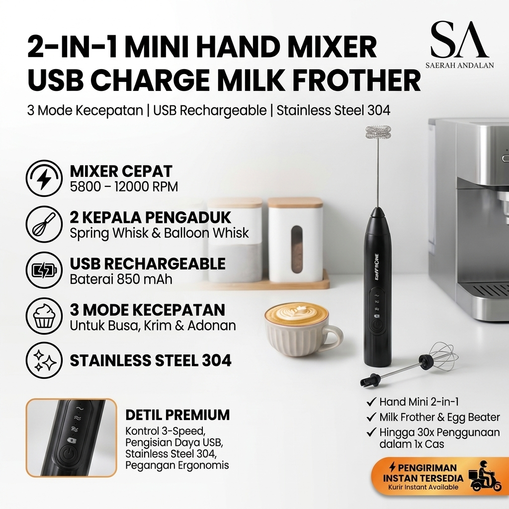Hand Mixer Mini 2in1 Pengocok Telur Milk Frother USB Charge