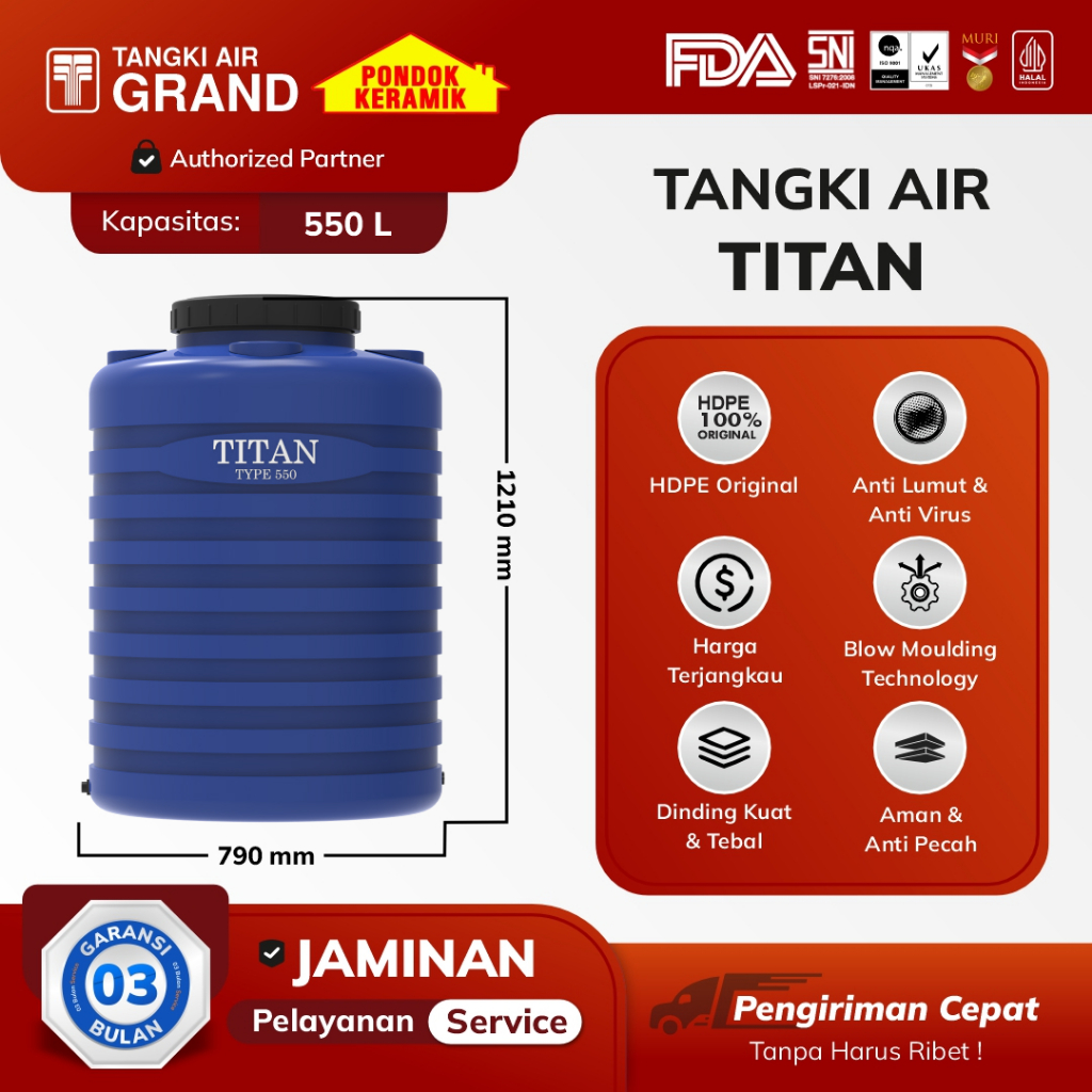Tangki Toren Tandon air Tedmond Titan Blow Warna Biru Ukuran 250 Liter 350 Liter 550 Liter 1000 Lite