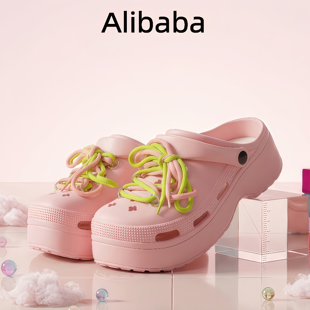 Alibaba Sandal Crocs Wanita Tinggi 7.5CM Sol Tebal Tali Sepatu Dua Warna Anti Slip Ringan Tahan Air 