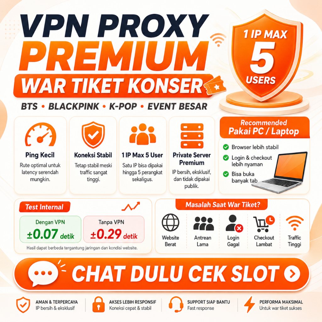 VPN Proxy Premium War Tiket Konser BTS BLACKPINK Ping Kecil Stabil, 1 IP Max 5 User PerJam