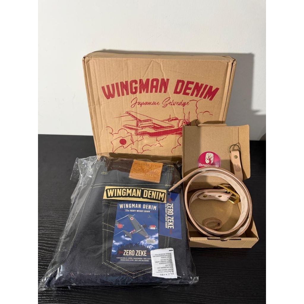 (PAKET BUNDLING) Wingman Denim Zero Zeke 22oz Size 33 Slim Stright & Leather Belt Akasia Industry Si