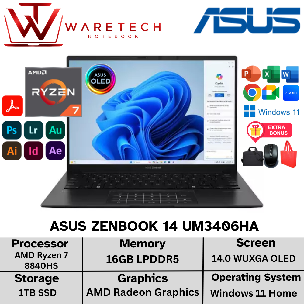 Laptop Touchscreen Asus Zenbook 14 AMD Ryzen 7 8840HS 16GB 1TB SSD 14 Inch WUXGA Backlight Win11