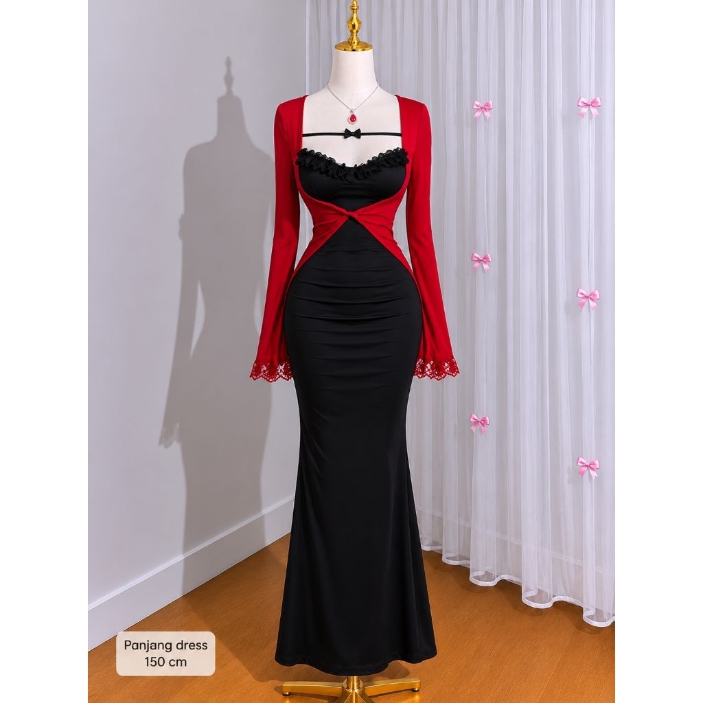 1 set dress slim bidycon dan cardigan cocok buat dinner| dress hitam cardigan merah, dress hitam car