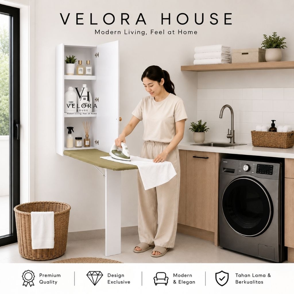 Velora House Meja Setrika Lipat Dinding dengan Lemari Penyimpanan | Cabinet Laundry Multifungsi Mini