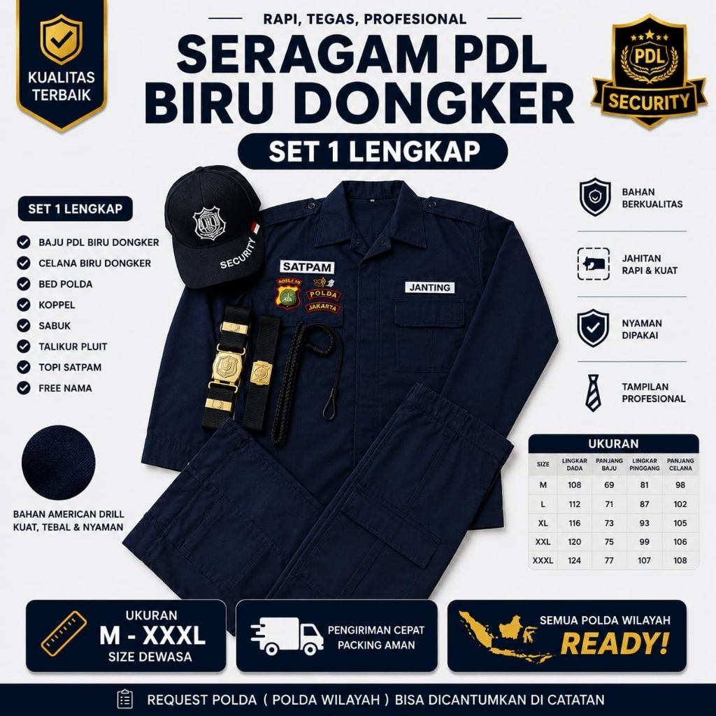 Baju Seragam PDL Biru Dongker, Setelan PDL Satpam Lengkap, Setelan PDL Security Biru Dongker Satpam
