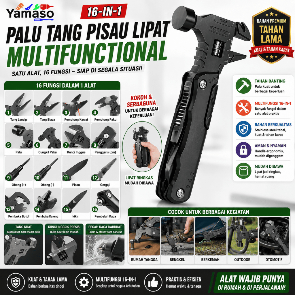 16-IN-1 MULTIFUNGSI & PORTABEL Kunci Tang Lipat Serbaguna untuk  Kitchen knives Pisau Tang Obeng