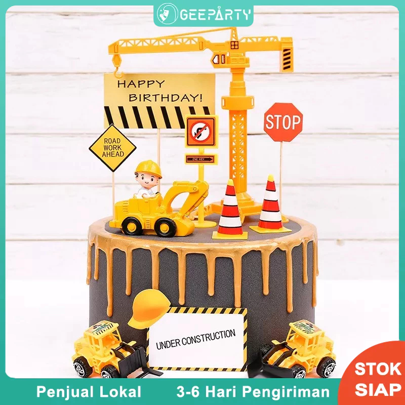 GeeParty Konstruksi Mainan Dekorasi Kue Topper Cupcake untuk Nikmat Pesta Ulang Tahun Anak Laki-laki