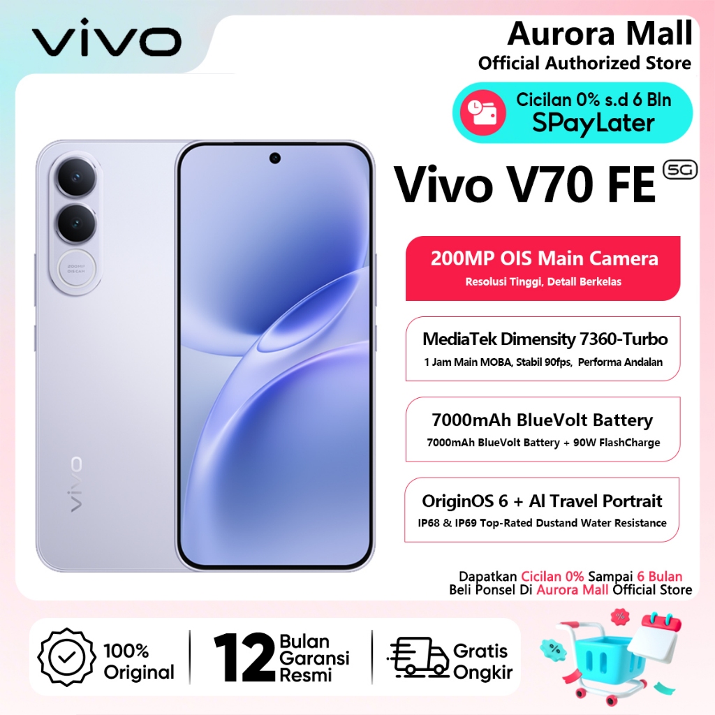 Vivo V70 FE 5G 12/256GB (12GB+12GB Extended RAM) Garansi Resmi Hp Android Terbaru 2026 Handphone COD