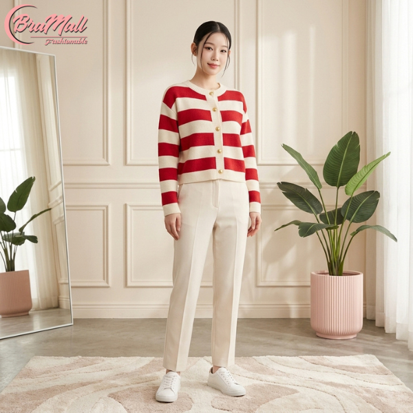 [ BraMall ] BJ-128 Cardigan Rajut Garis Merah Putih Elegan – Sweater Wanita Mewah