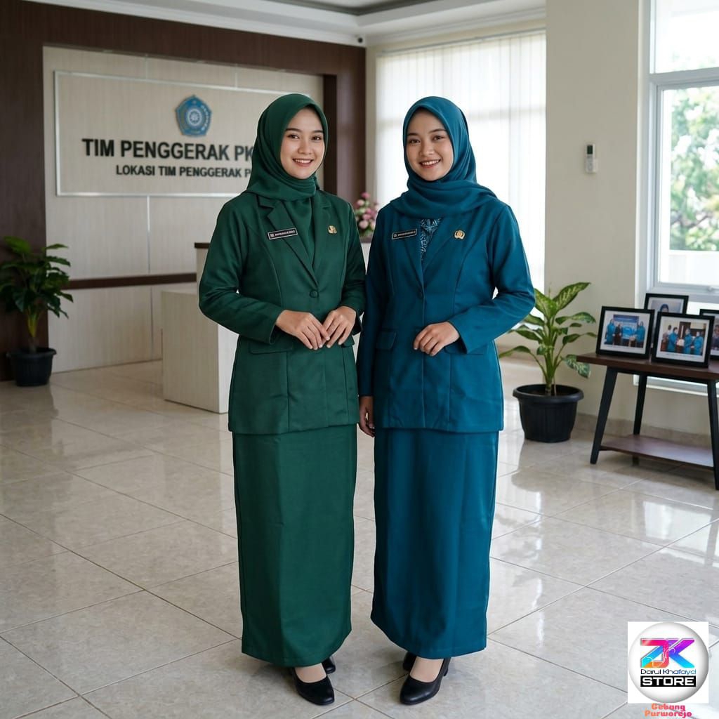 Setelan Jas PKK Nasional hijau tosca & biru tosca bahan drill grade A & high twist Jilbab persegi in