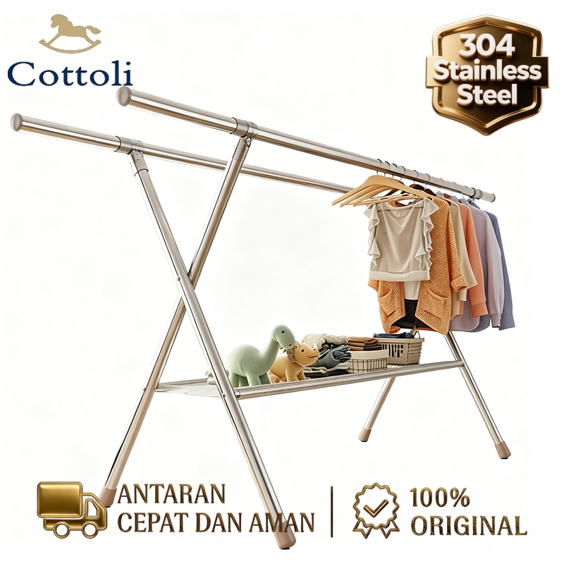 Cottoli Jemuran Baju Lipat Stainless Dengan Roda Jemuran Pakaian Basah Tahan Karat Portable 200CM