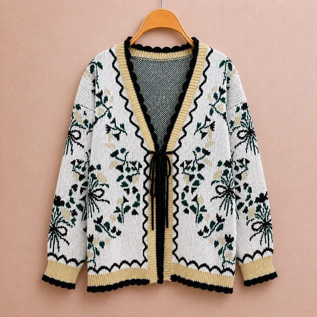 RISKA CARDIGAN RAJUT PREMIUM MOTIF BUNGA TALI PITA WANITA KOREA