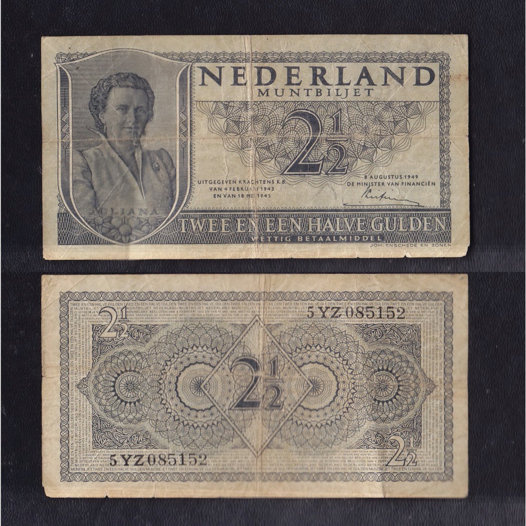 Uang kertas asing Belanda 2½ gulden tahun 1949 #Muntbiljet Nederland Juliana