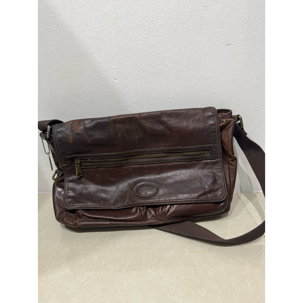 Fossil Leather Messenger Bag Dark Brown Preloved Original