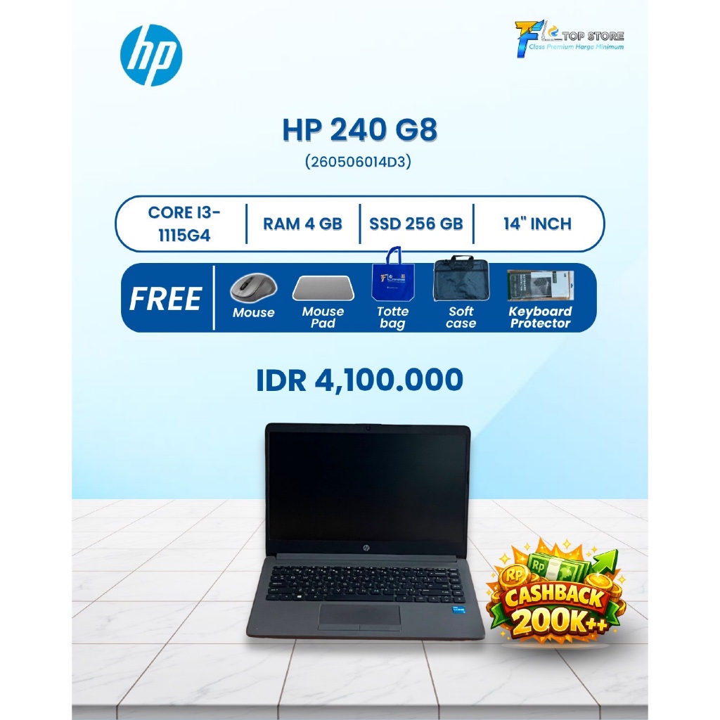 HP 240 CORE I3 GEN 11 | RAM 4GB SSD 256GB | GREY | MULUS