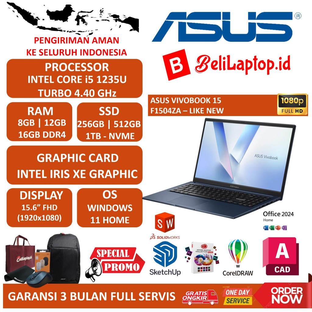 LAPTOP ASUS VIVOBOOK 15 F1504ZA INTEL I5 1235U 8GB 256GB 15 INCH FHD WIN11HOME QUITE BLUE EX DISPLAY