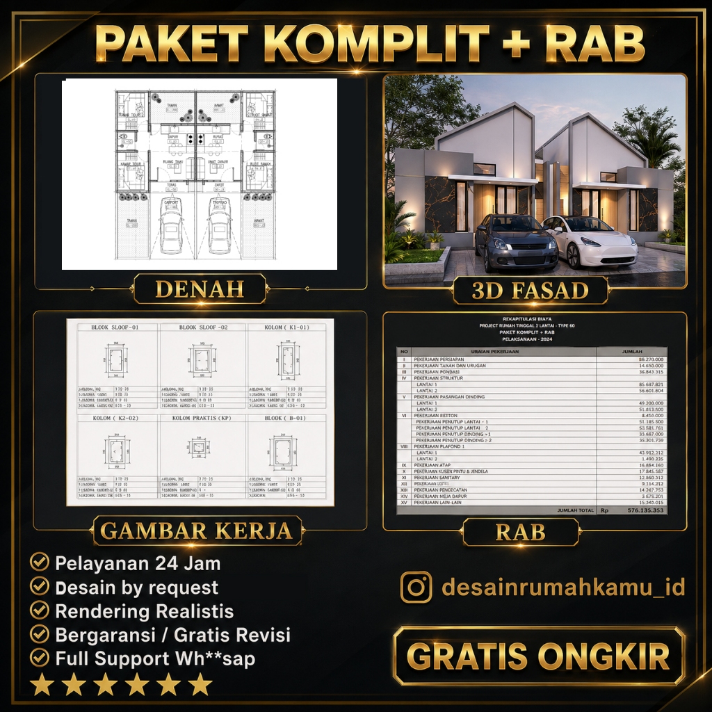 Jasa Desain Rumah Komplit , Denah, 3D Fasad, Gambar Kerja & RAB - Tanpa RAB