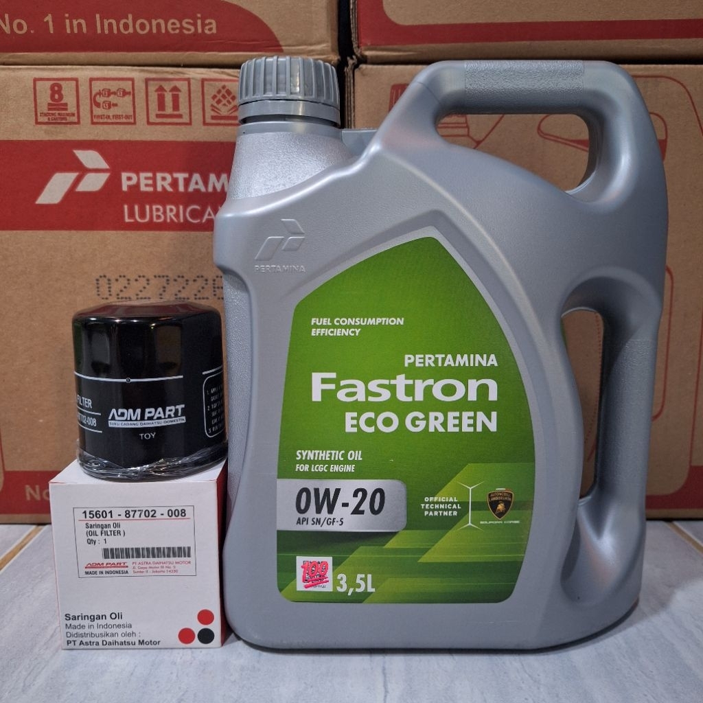 paket oli fastron ECO GREEN 0W-20 3.5L dan Filter oli ASLI DAIHATSU untuk mobil sigra, calya, ayla, 