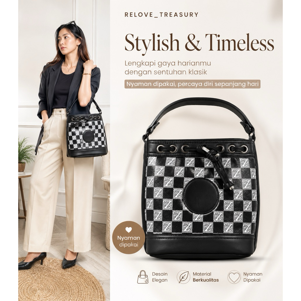 Preloved Tas Wanita Handbag Bucket Bag Monogram / Tas Serut Motif Checkerboard Kulit Sintetis / Slin